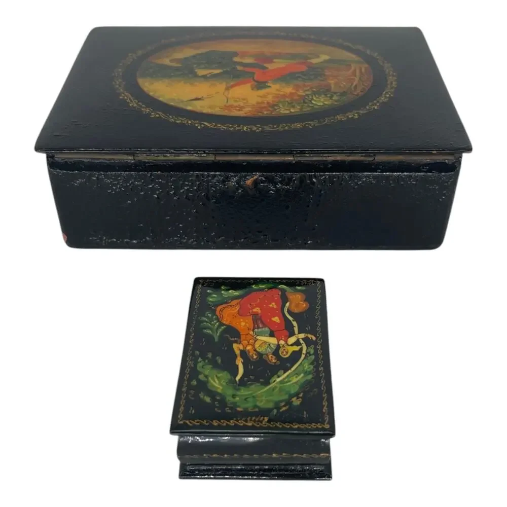 Vintage Russian Lacquer Box Set Large & Small Hand Painted USSR Palekh Style